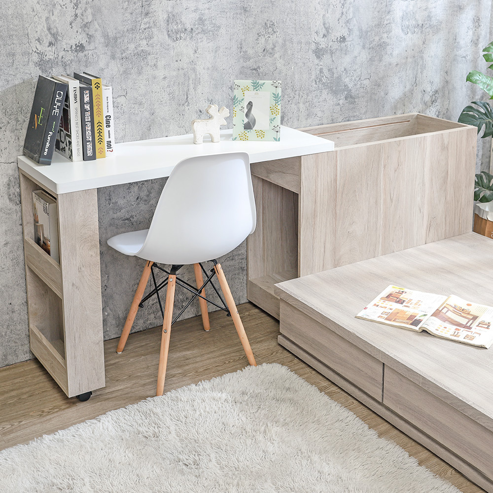 懷森3.5尺單人多功能伸縮書桌型收納床頭箱(不含床底及床墊)