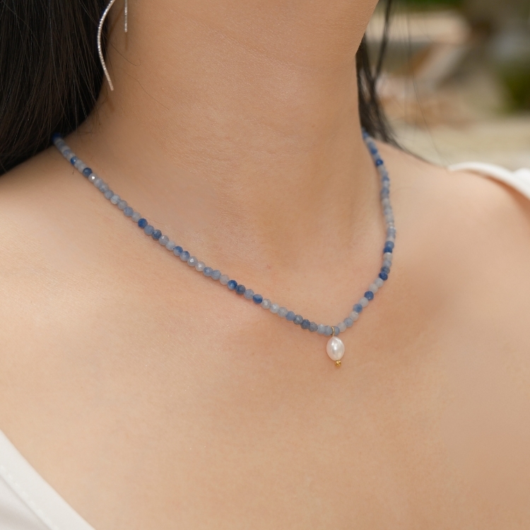 矢車菊奶霜 Cornflower Cream 藍東陵石 天然珍珠 項鍊