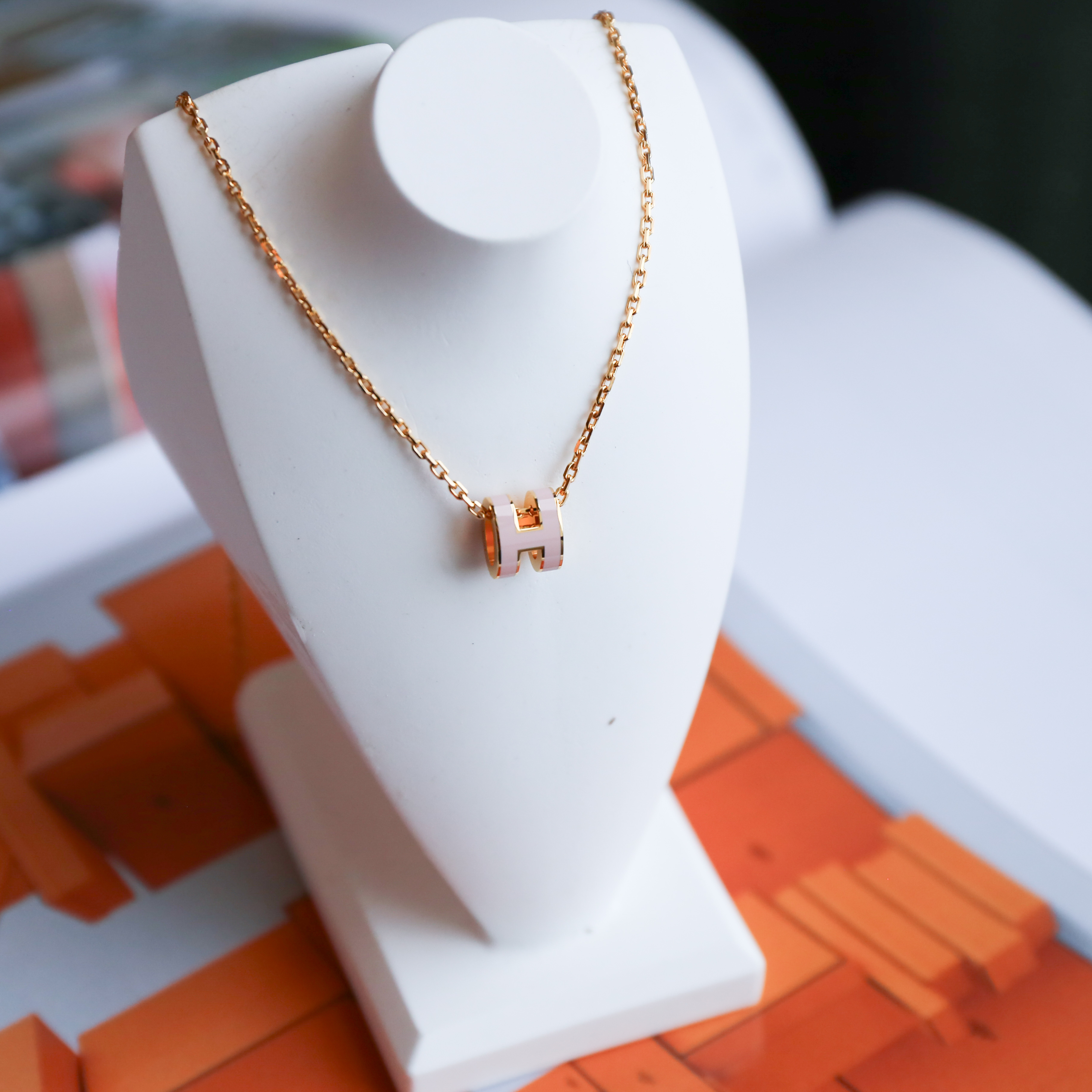 Hermes Pop H Mini Necklace (GHW Rose Dragee)