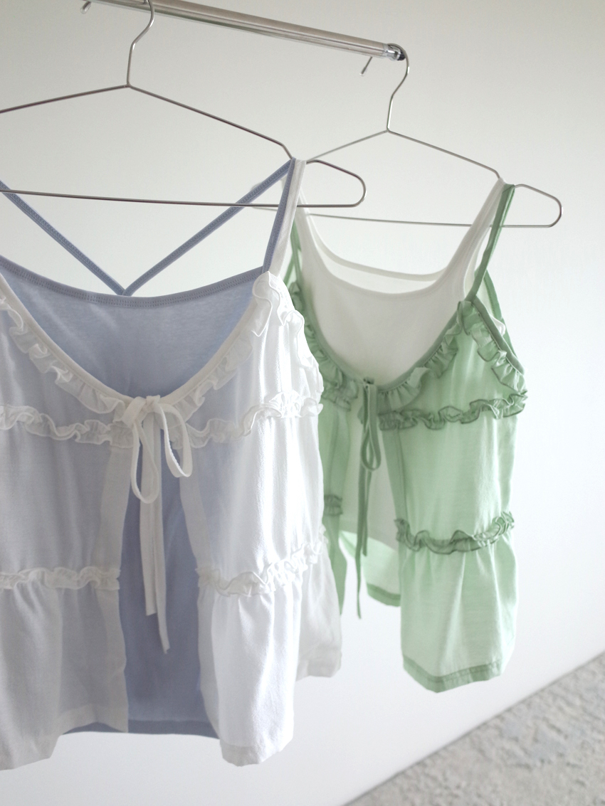 ruffle-edged tiered camisole with dainty tie straps in IVORY/GREEN