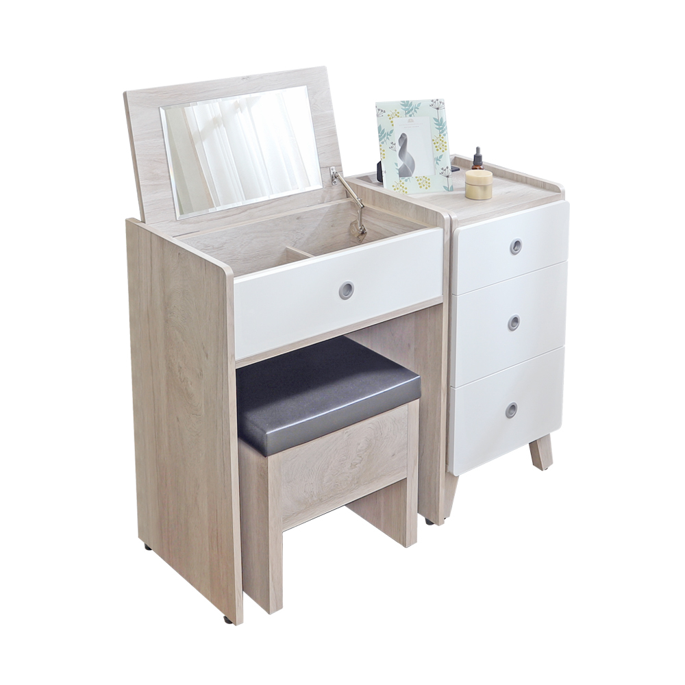 懷森3.3尺掀蓋式化妝桌/鏡台組合(2尺掀鏡台+1.3尺三抽收納櫃-附插座+收納化妝椅)