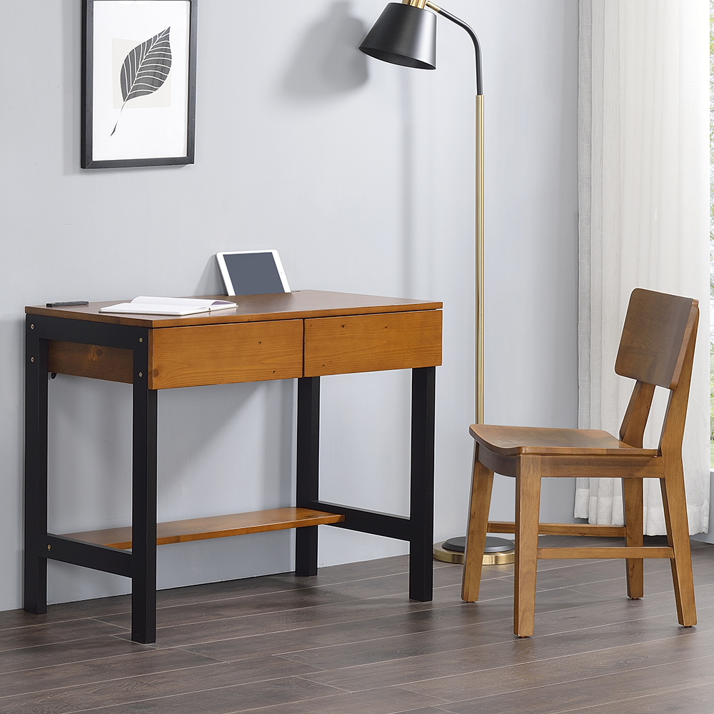 貝德2.9尺工業風實木二抽書桌椅組合(3尺書桌+實木餐椅-兩色可選)