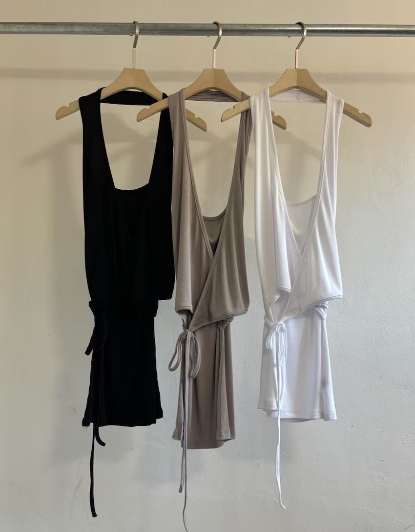 layered crossover halter vest with waist tie