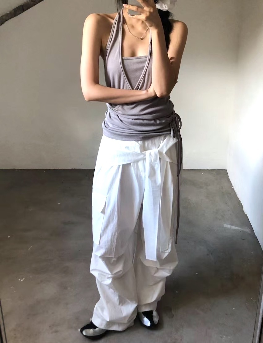 layered crossover halter vest with waist tie