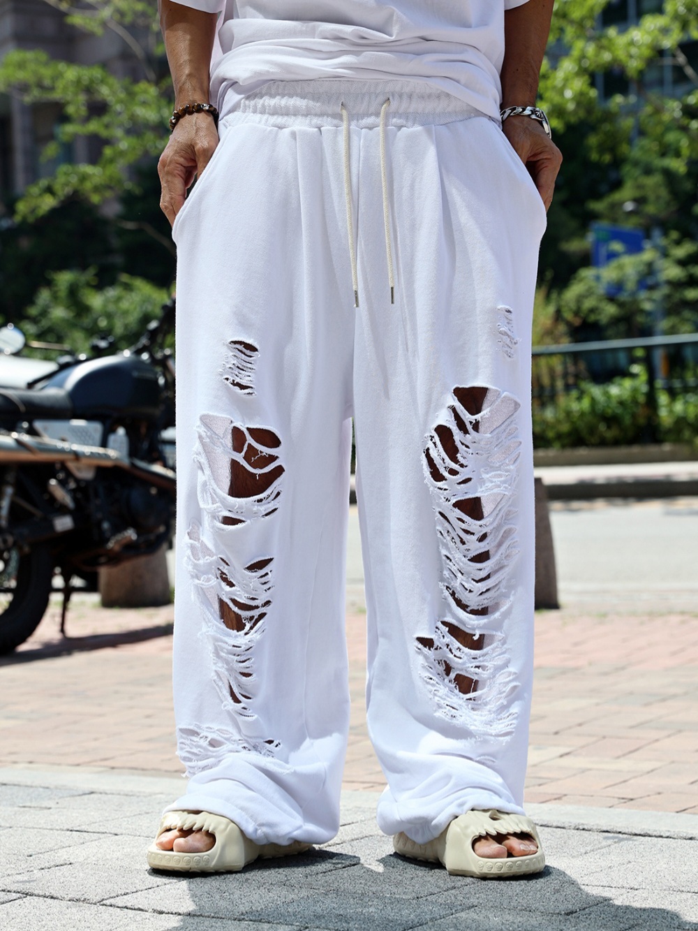 破損寬鬆水洗棉褲