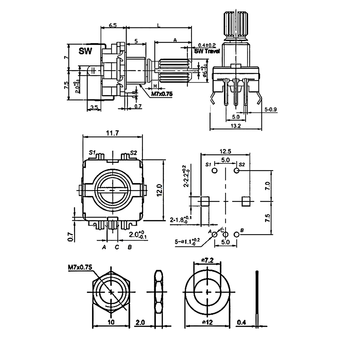 EC11 旋轉編碼器 帶開關,尺寸規格,梅花柄