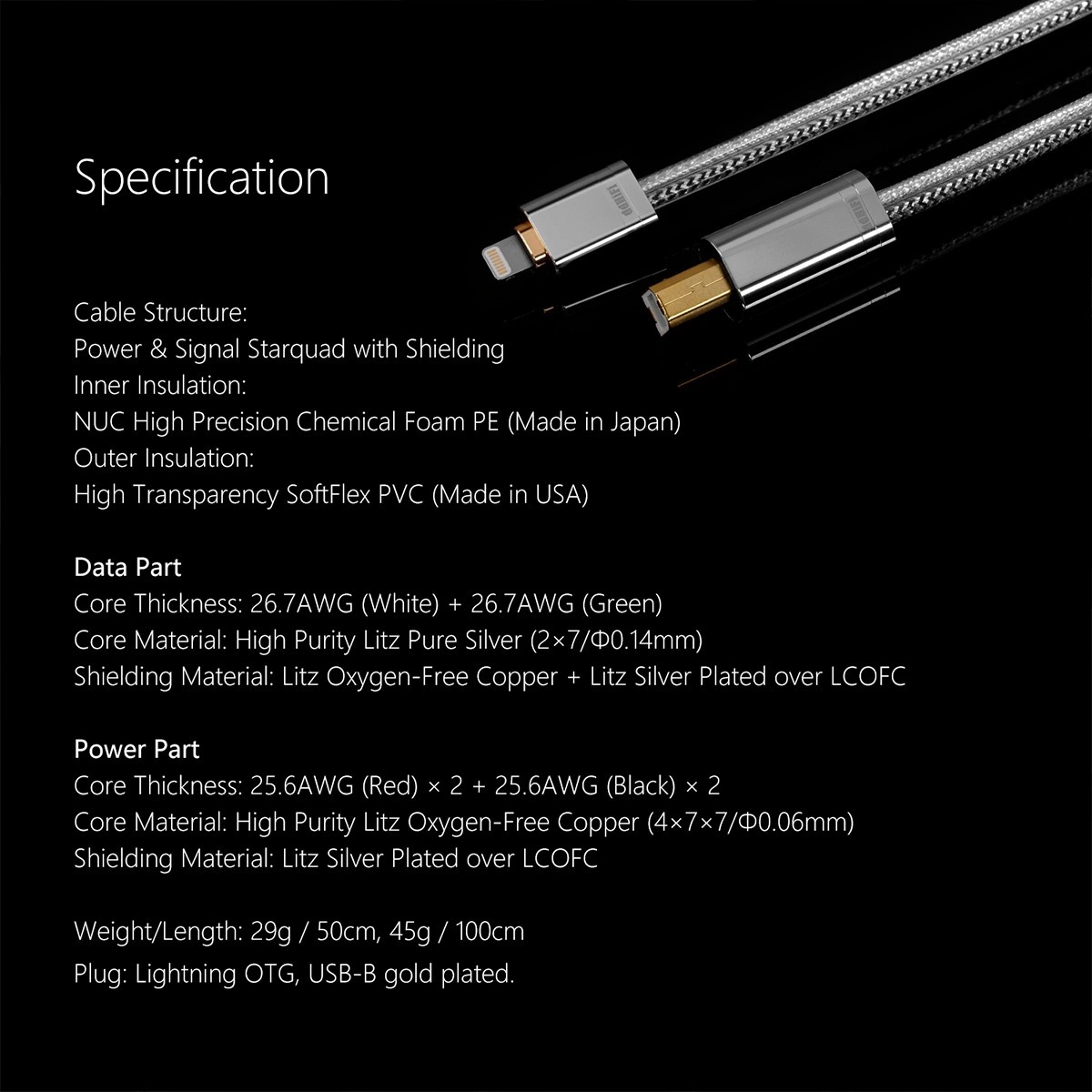 ddHiFi TC09BL Lightning to USB-B HiFi Audiophile USB Cable