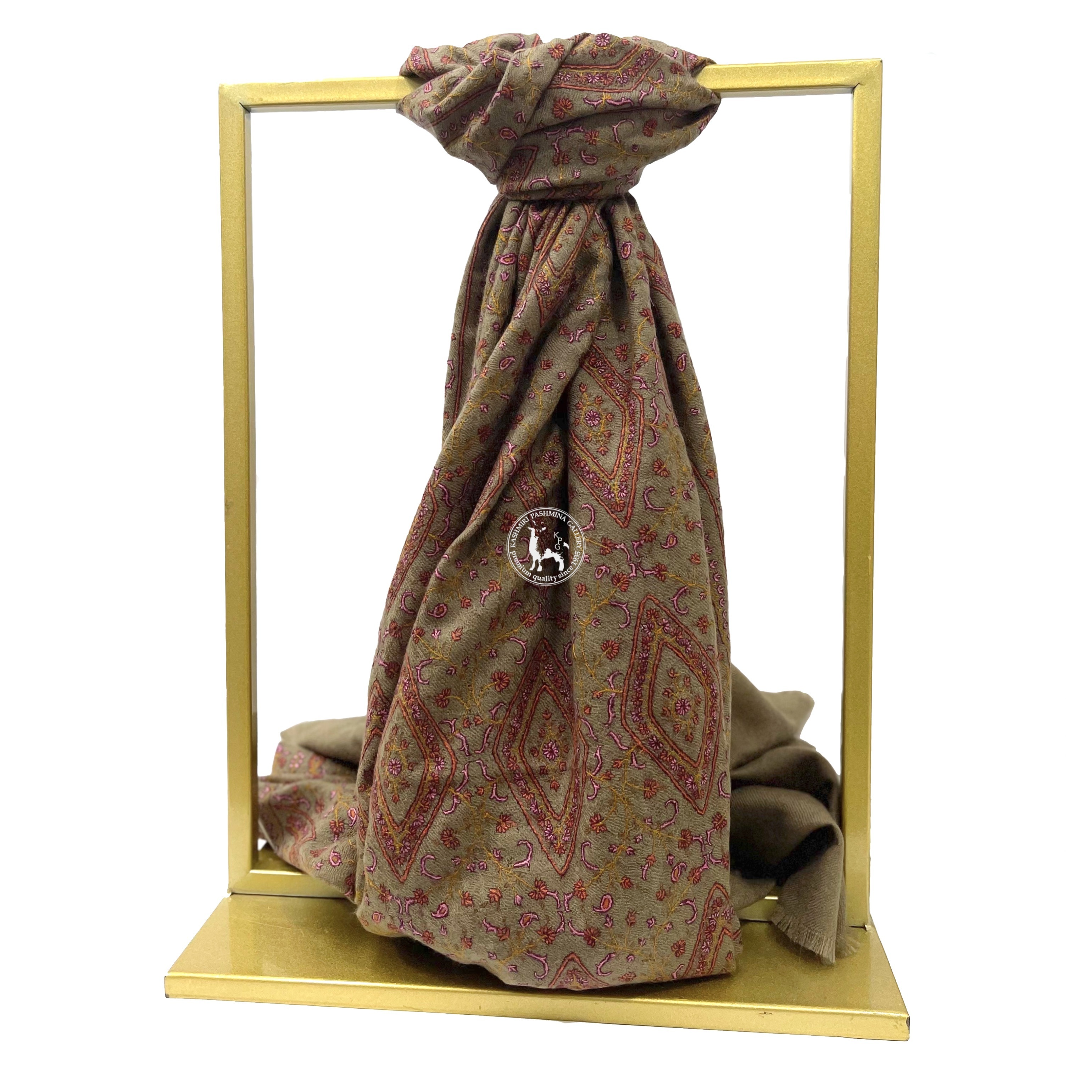 卡其色索茲尼刺繡羊絨披肩圍巾