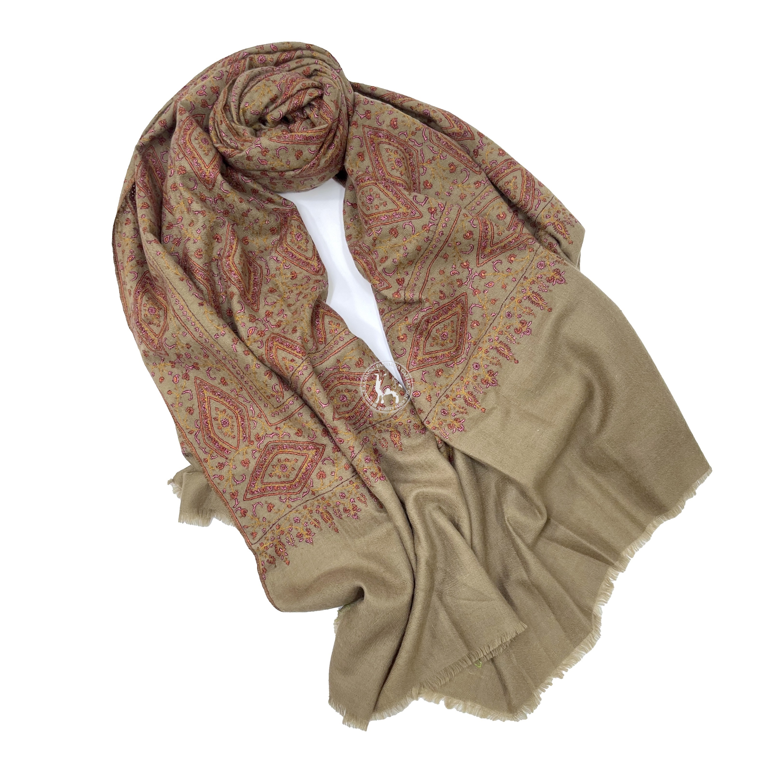 卡其色索茲尼刺繡羊絨披肩圍巾