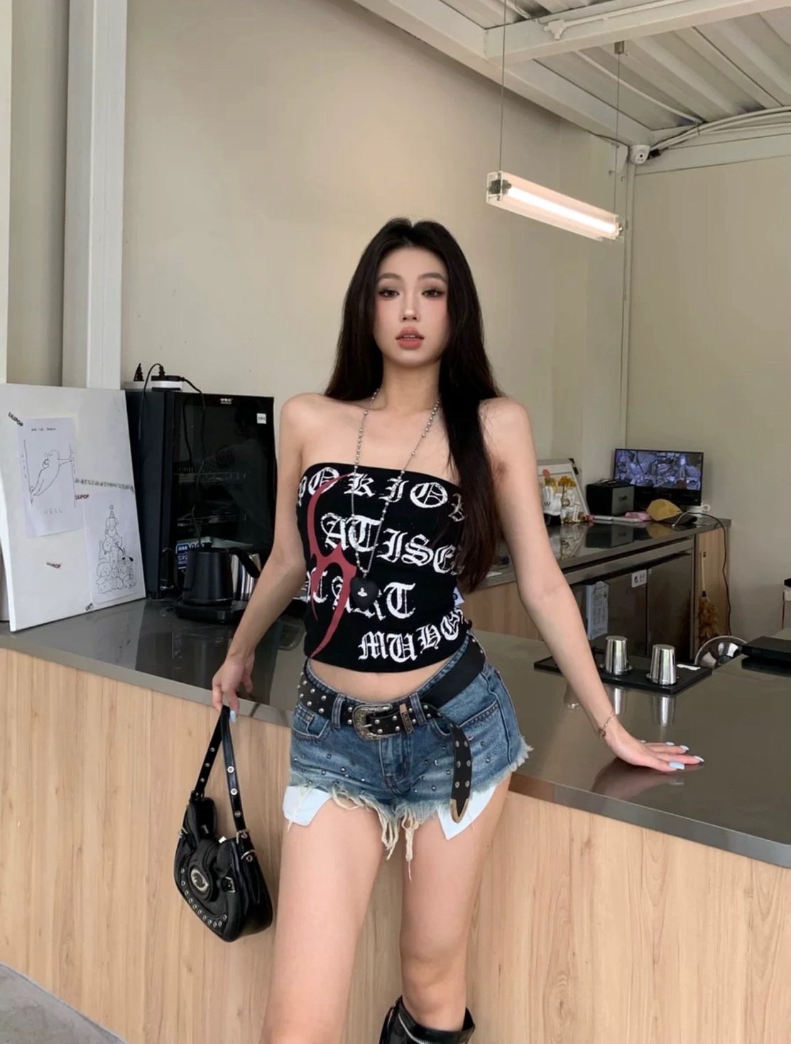 (GOAL)  美式 復古 毛邊 柳釘 低腰短褲 R9136