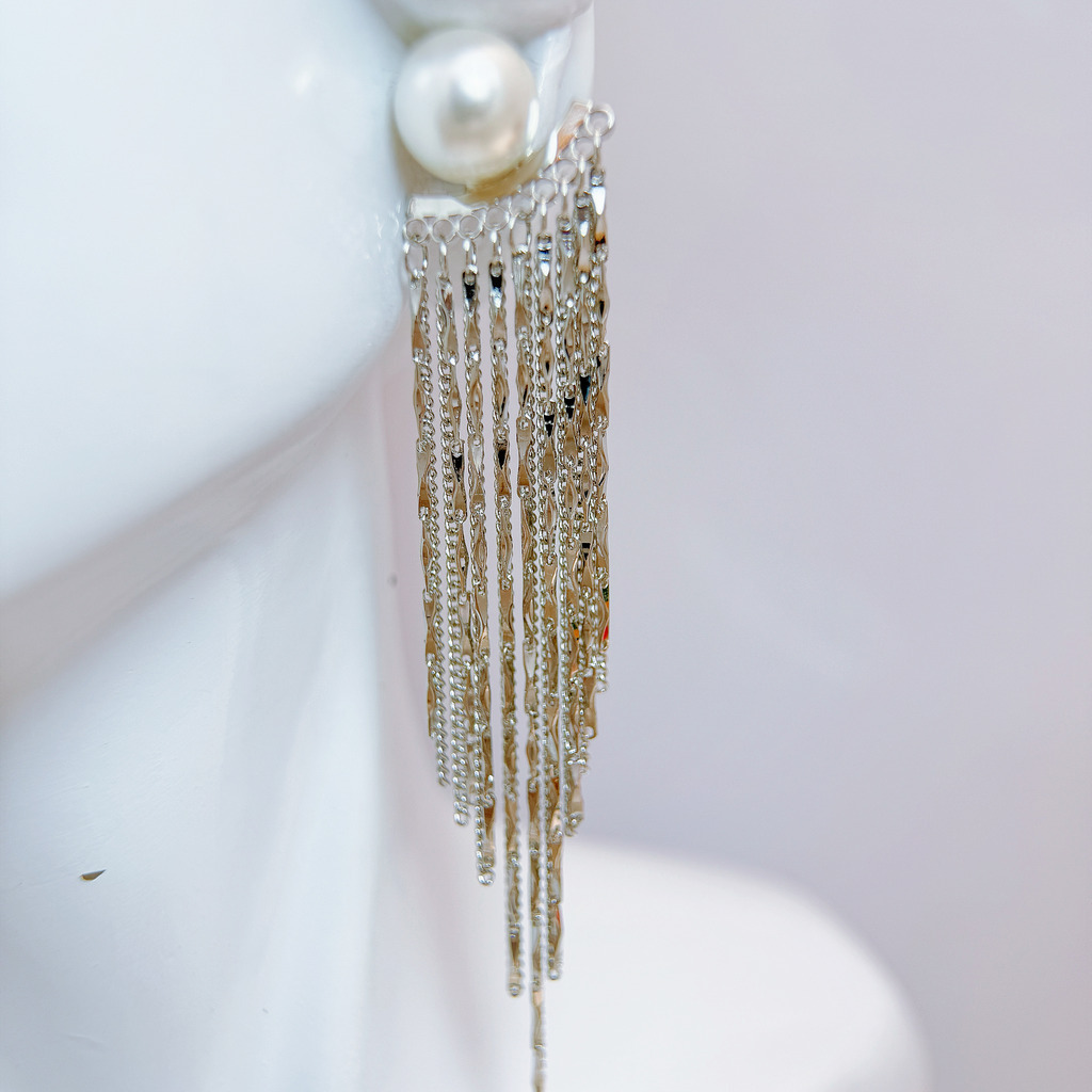 銀瀑珍珠流蘇耳環