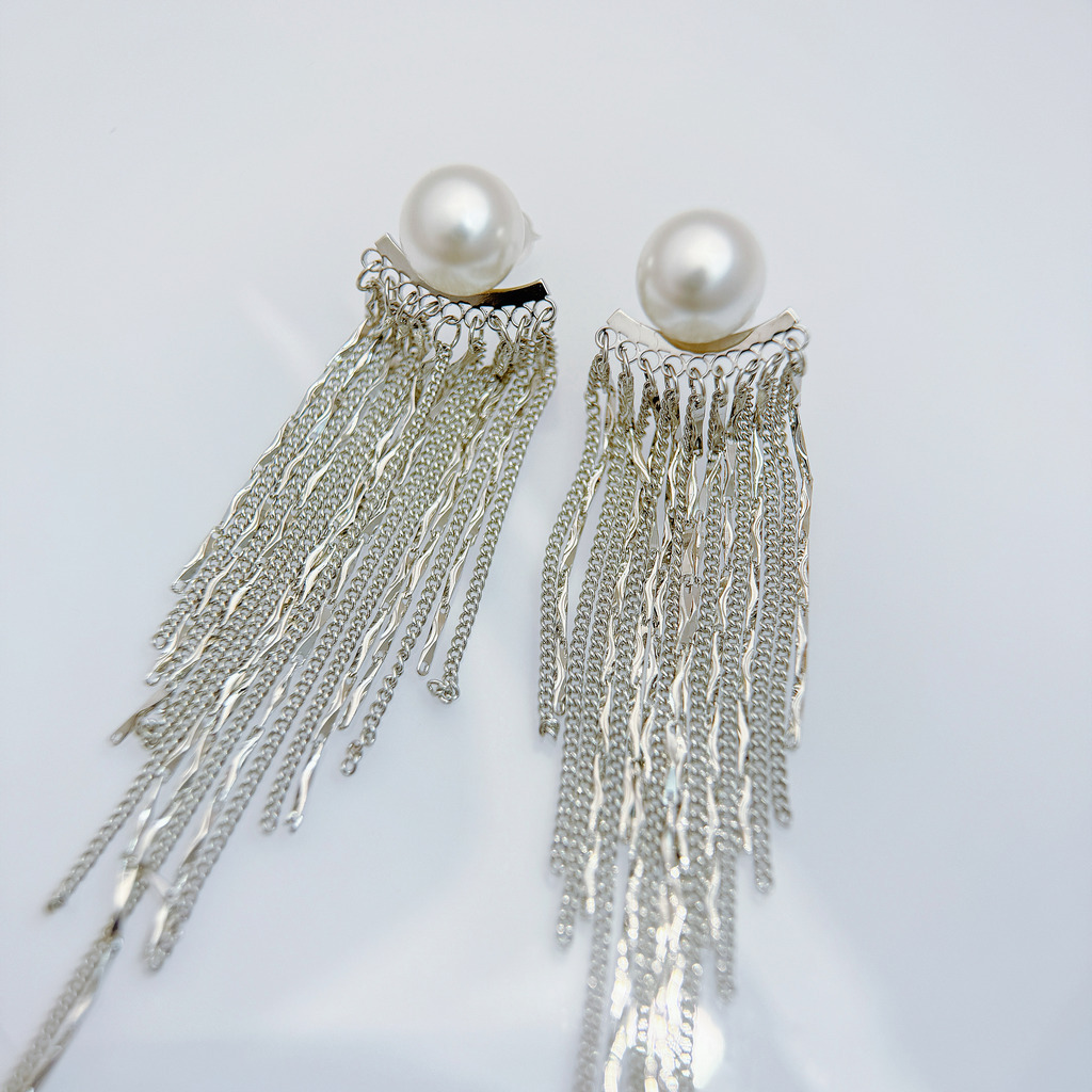 銀瀑珍珠流蘇耳環