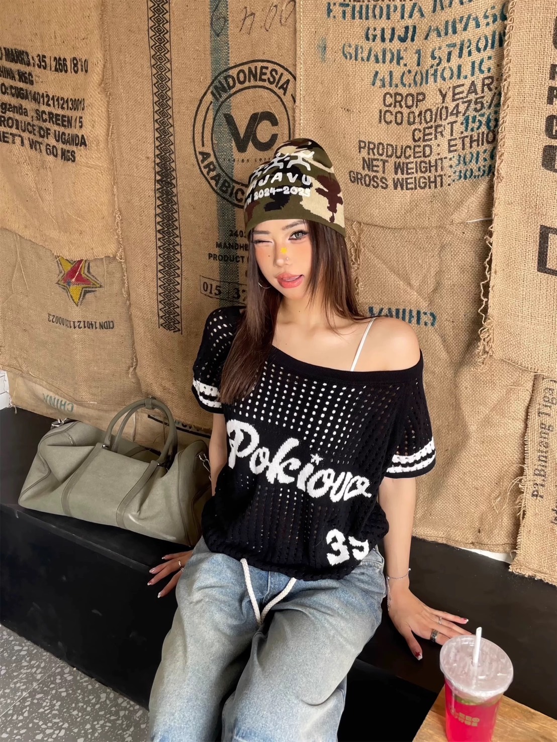 (GOAL)  美式鏤空字母斜肩上衣  慵懶寬鬆純棉tee R9093