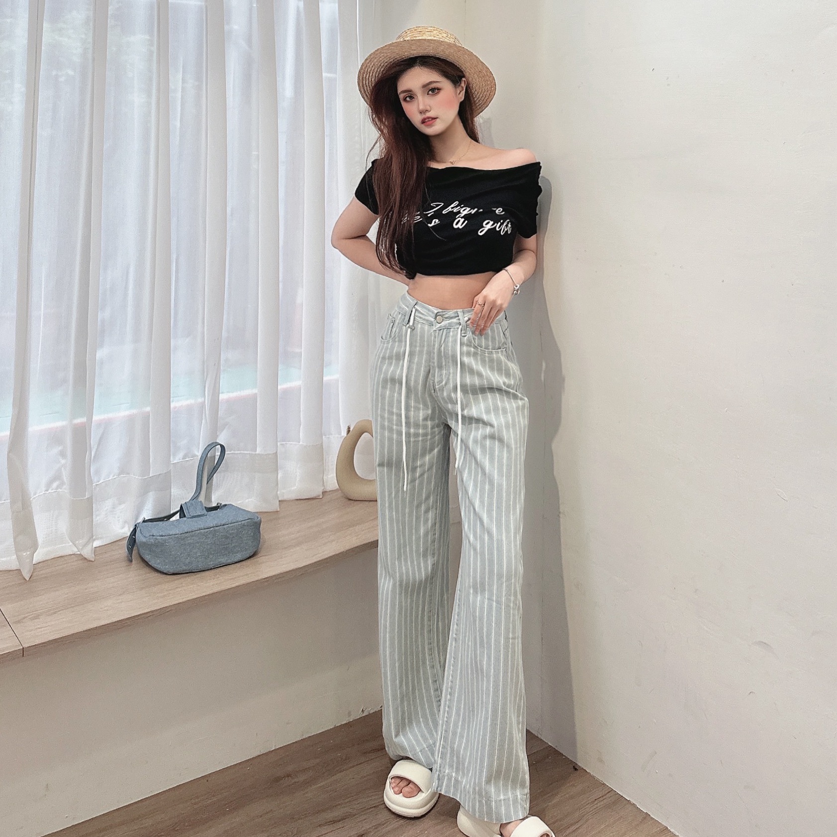 不收邊一字領彈棉上衣/三色