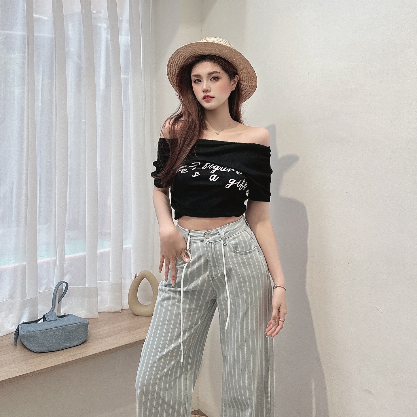 不收邊一字領彈棉上衣/三色