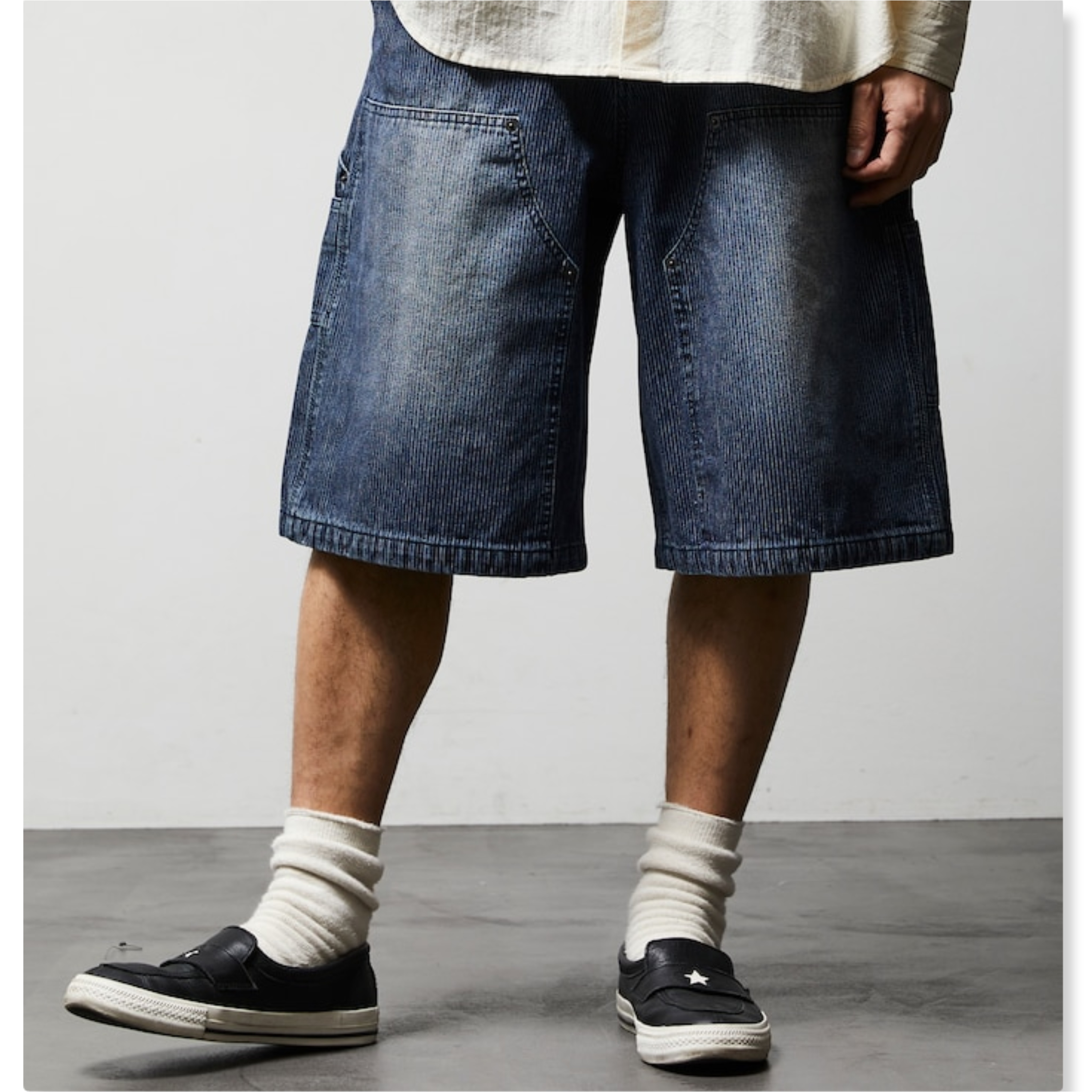 2025SS FREAK'S STORE 寬版 復古 雙膝 直條紋 丹寧 牛仔 短褲 現貨 1045248900052