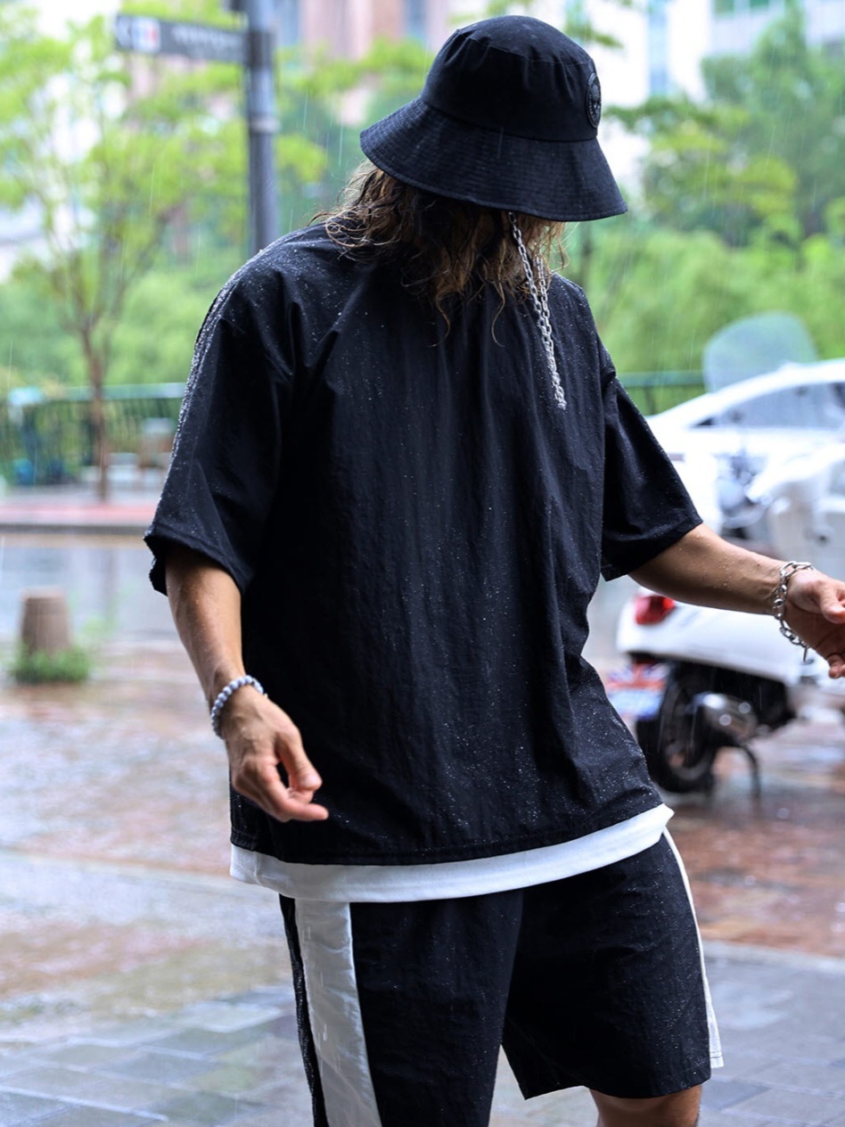 線條撞色層疊尼龍短袖T恤