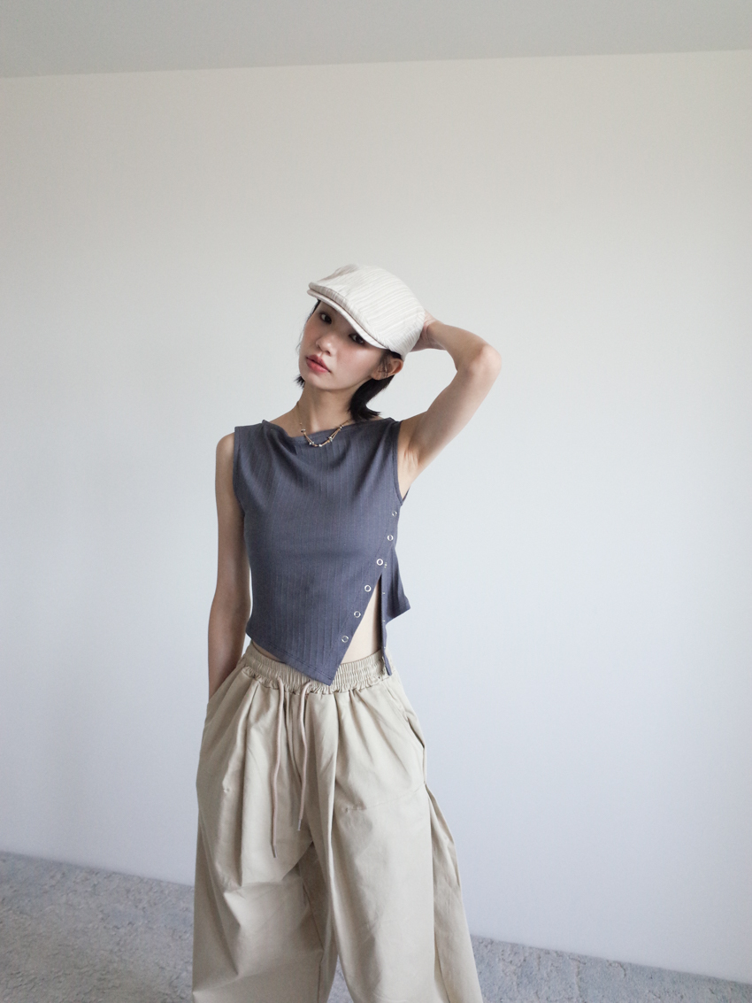 striped wide-neck top with asymmetric button hem