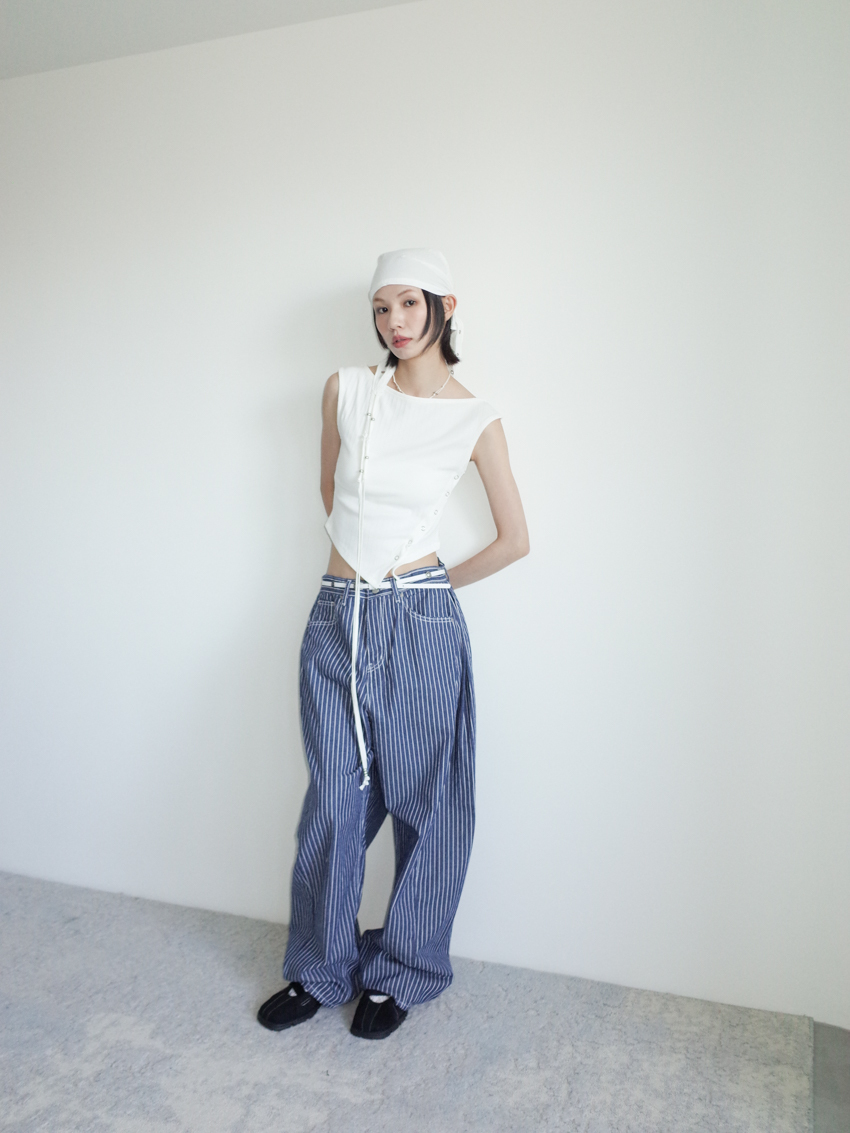 striped wide-neck top with asymmetric button hem