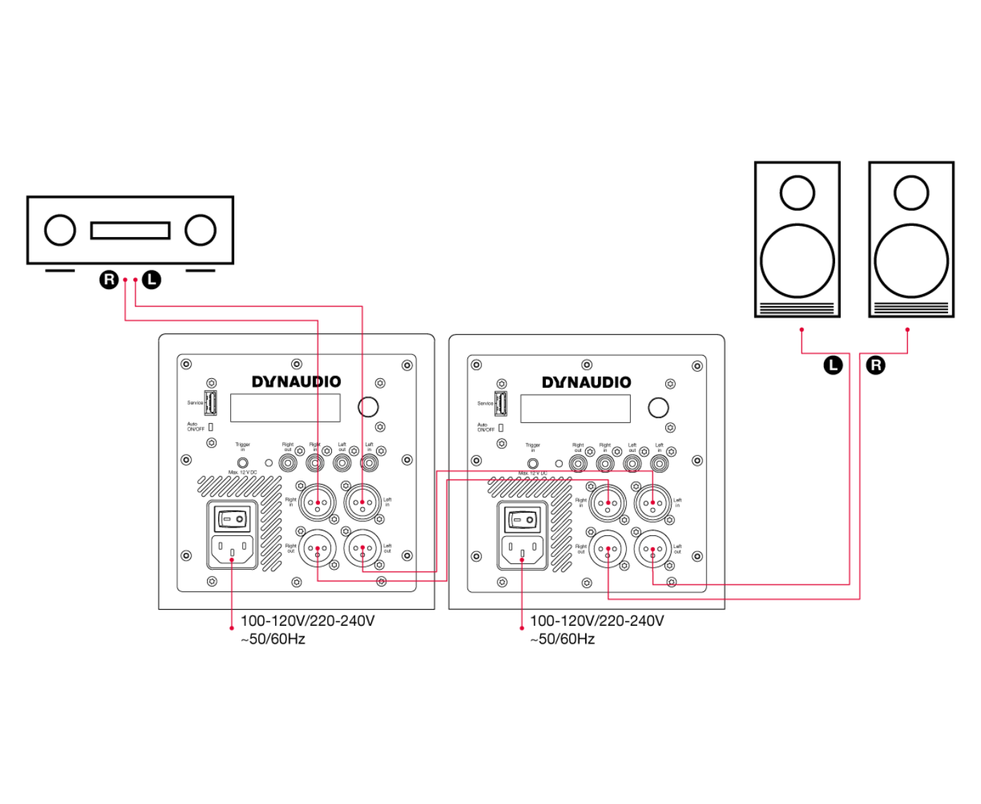 利用 XLR 訊號線，連接 Dynaduio PRO 18S 超低和主動式揚聲器，組成 2.2 系統的方法之一