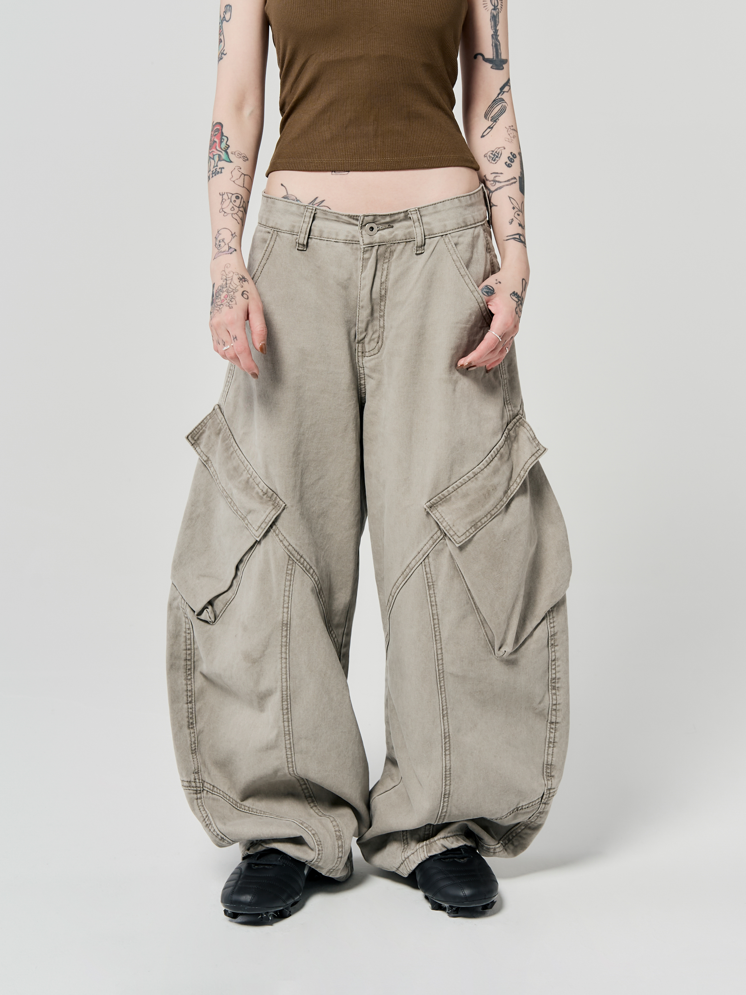 層構口袋灰綠工裝褲