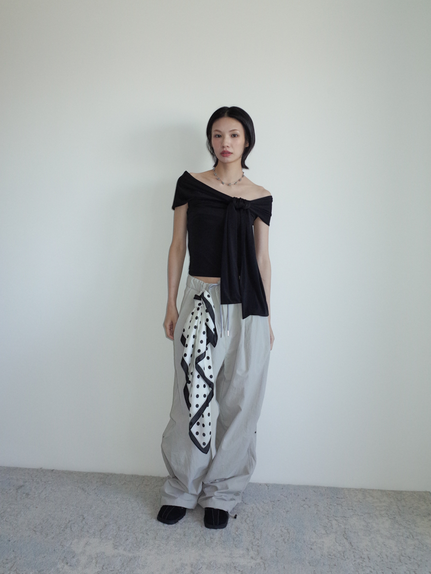 (UNISEX) nylon wide-leg trousers with elastic drawstring waist & round button detail in LIGHT GRAY