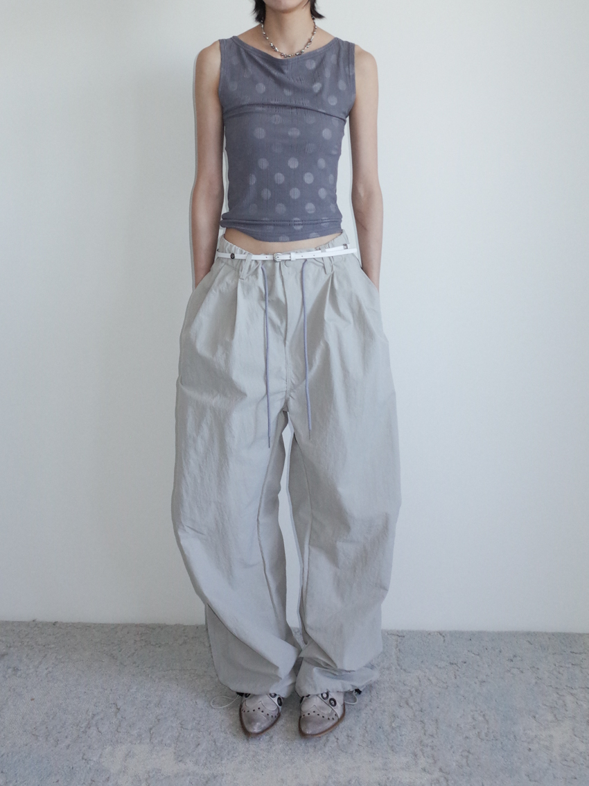 (UNISEX) nylon wide-leg trousers with elastic drawstring waist & round button detail in LIGHT GRAY