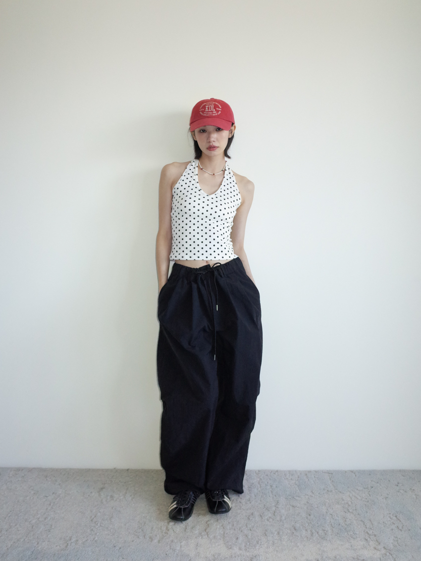 (UNISEX) nylon wide-leg trousers with elastic drawstring waist & round button detail in BLACK