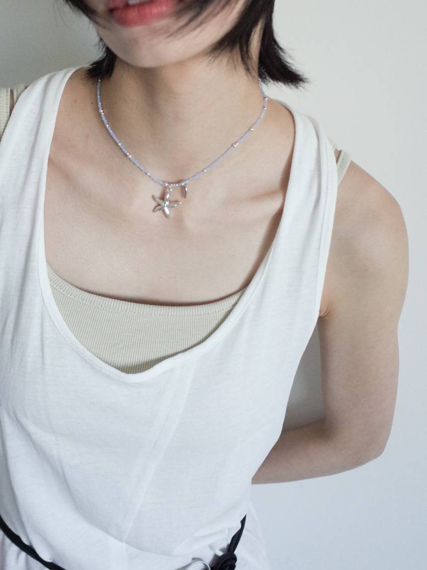 dainty beaded necklace with starfish & silver tag