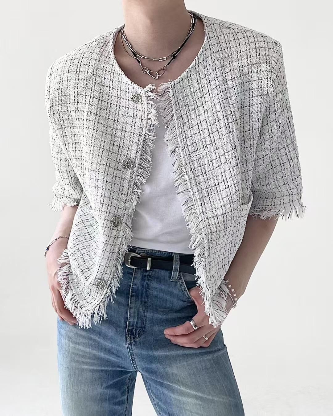 圓領格紋開胸短袖外套 taptaptap-073JK