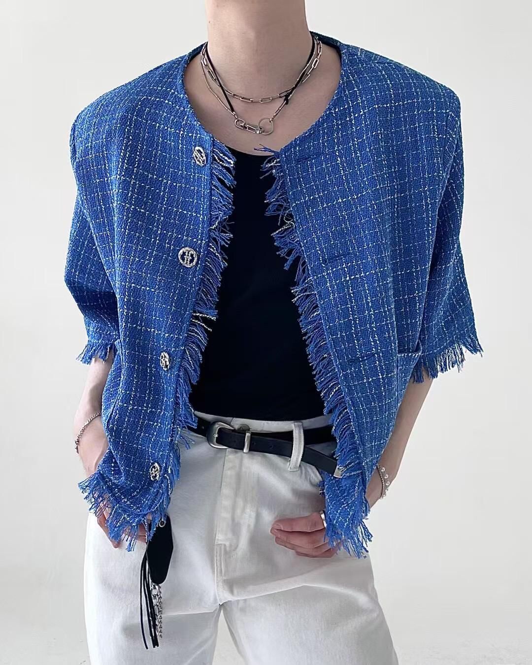 圓領格紋開胸短袖外套 taptaptap-073JK