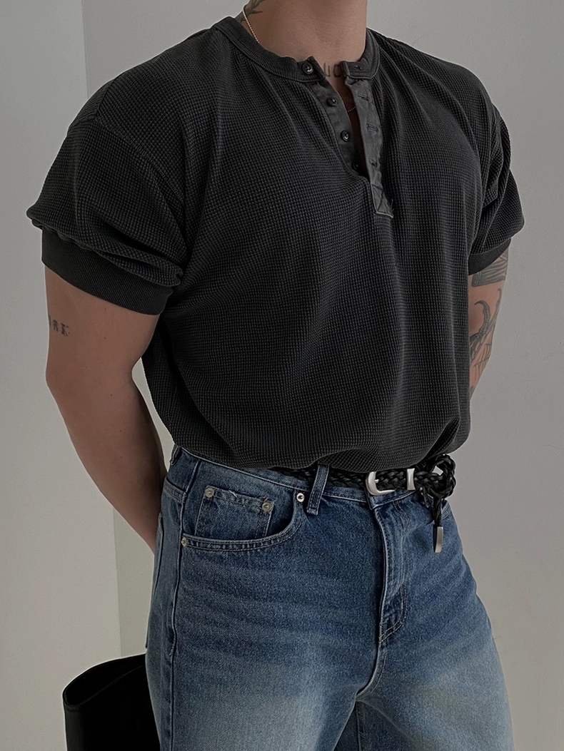 (韓國快閃優惠)華夫格亨利領顏料短袖T恤