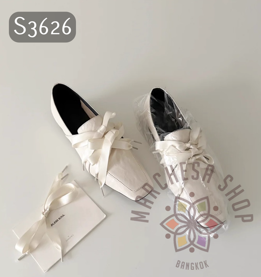 S3626 - 全真皮頭層軟羊皮綁帶絲帶方頭平底鞋