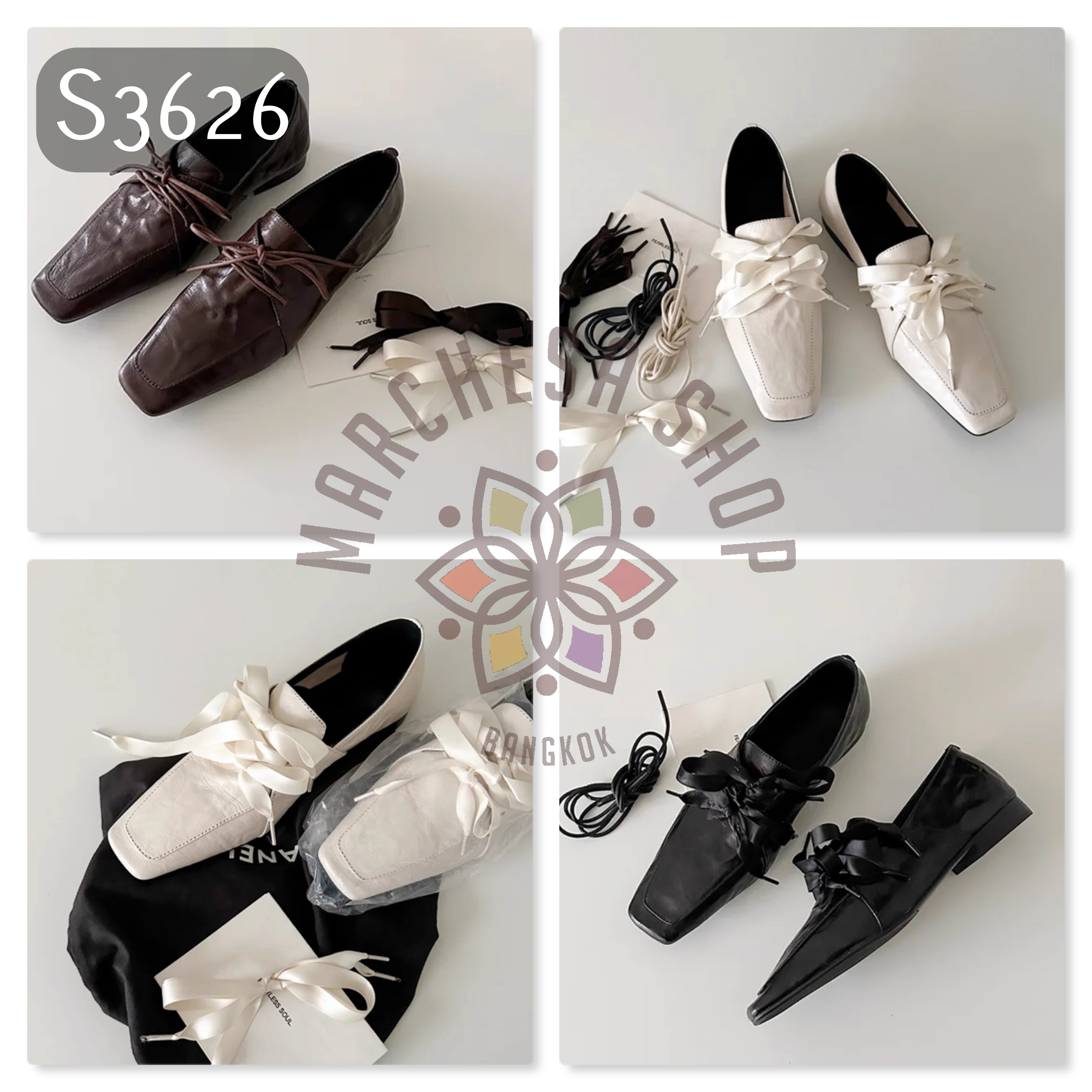 S3626 - 全真皮頭層軟羊皮綁帶絲帶方頭平底鞋