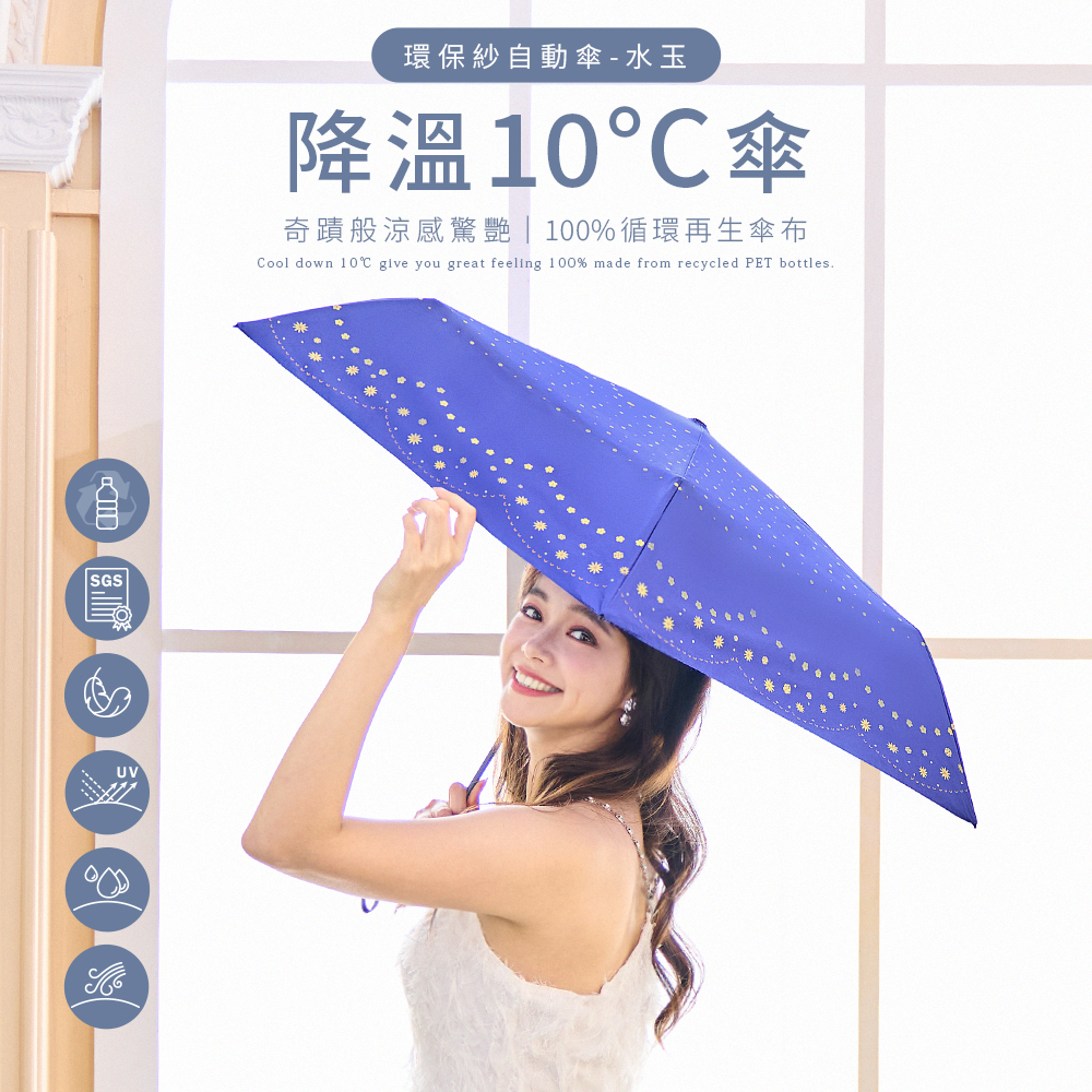 日本雨之戀環保紗降溫10℃自動傘水玉,高防曬係數UPF50+ ,遮熱率25%以上的Cool Down效果,台灣傘布,水綠,杏色,藍紫