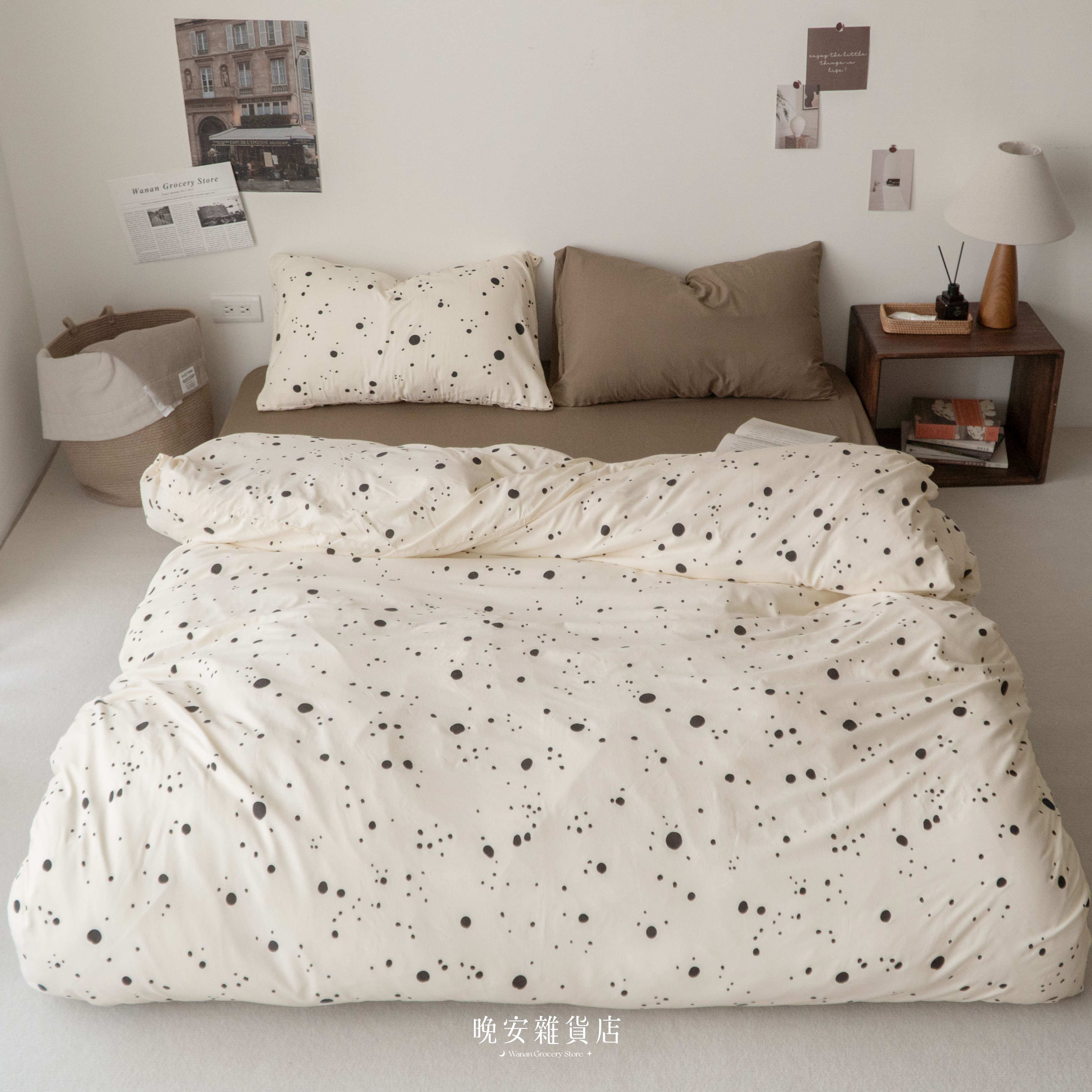 拼接色純水洗棉【 奶油晨光的墨點】床單床包組