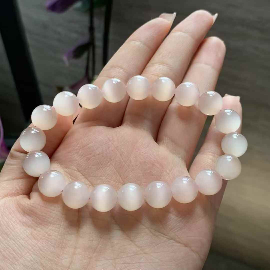 和田玉藕粉貓眼手串,天然和田玉軟玉