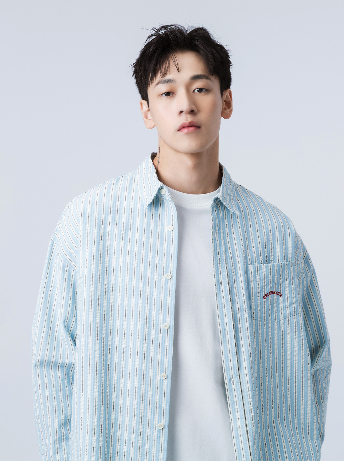 泡泡條紋刺繡寬版襯衫