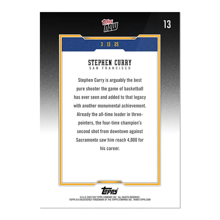 Stephen Curry 2024-25 TOPPS NOW® 紀念限量球員卡 Card 13