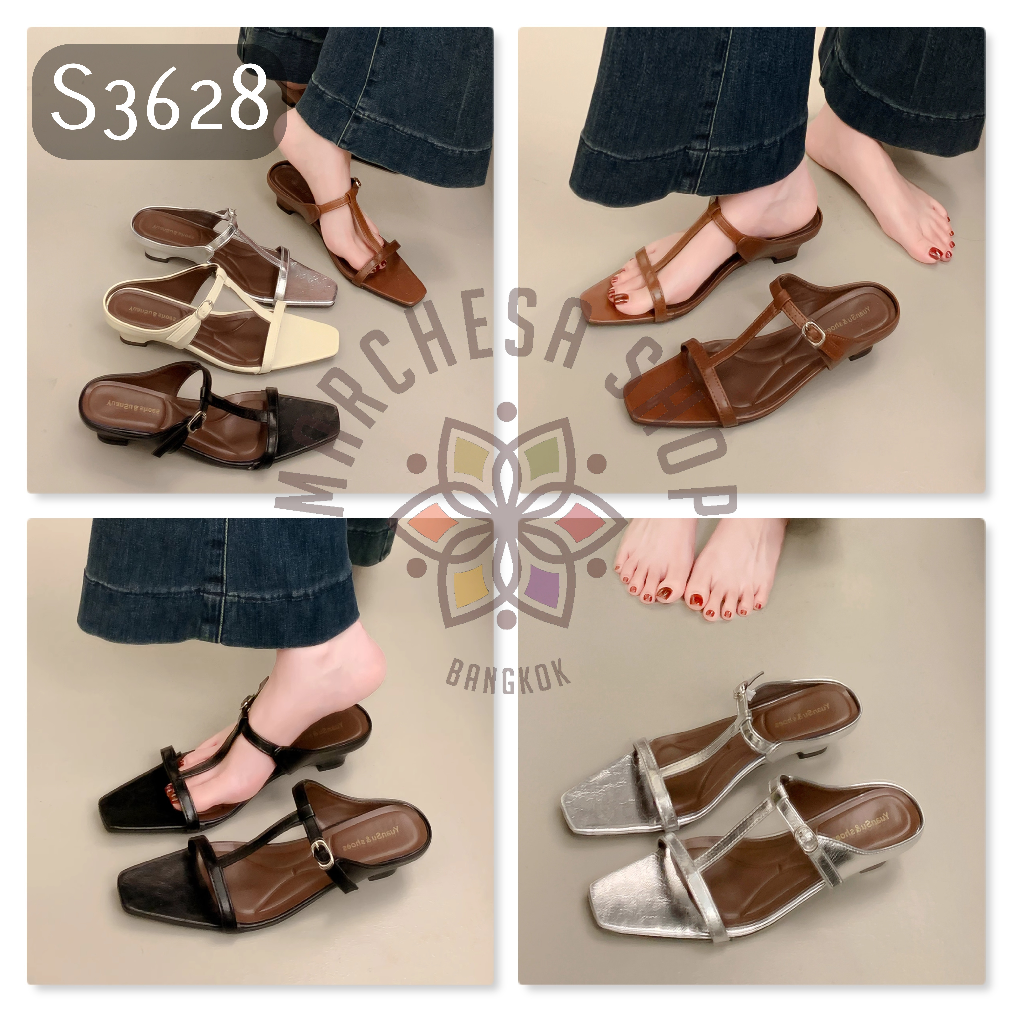 S3628 - 牛皮工字扣帶低踭涼拖