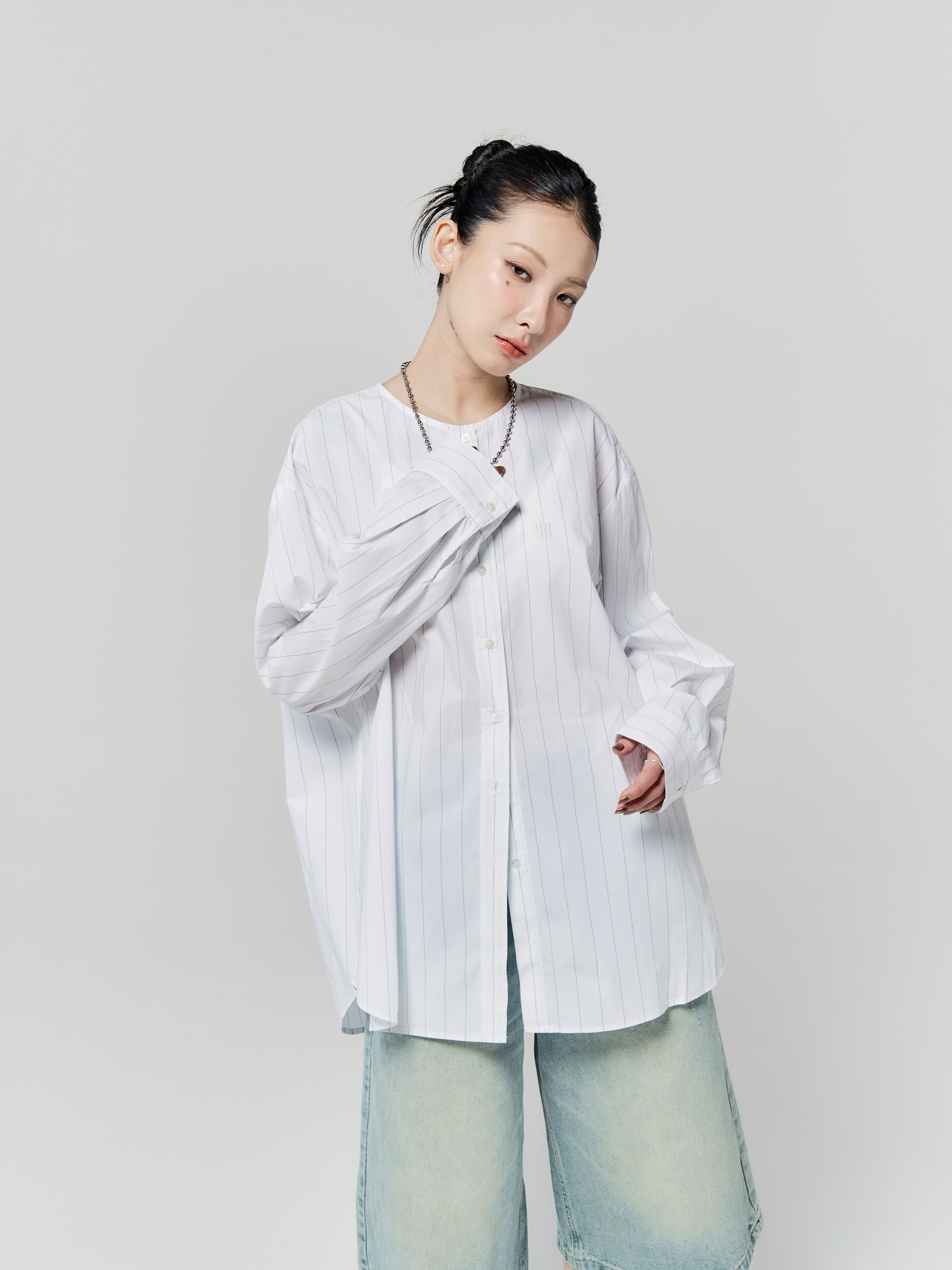 字母印花薄款棒球襯衫-白