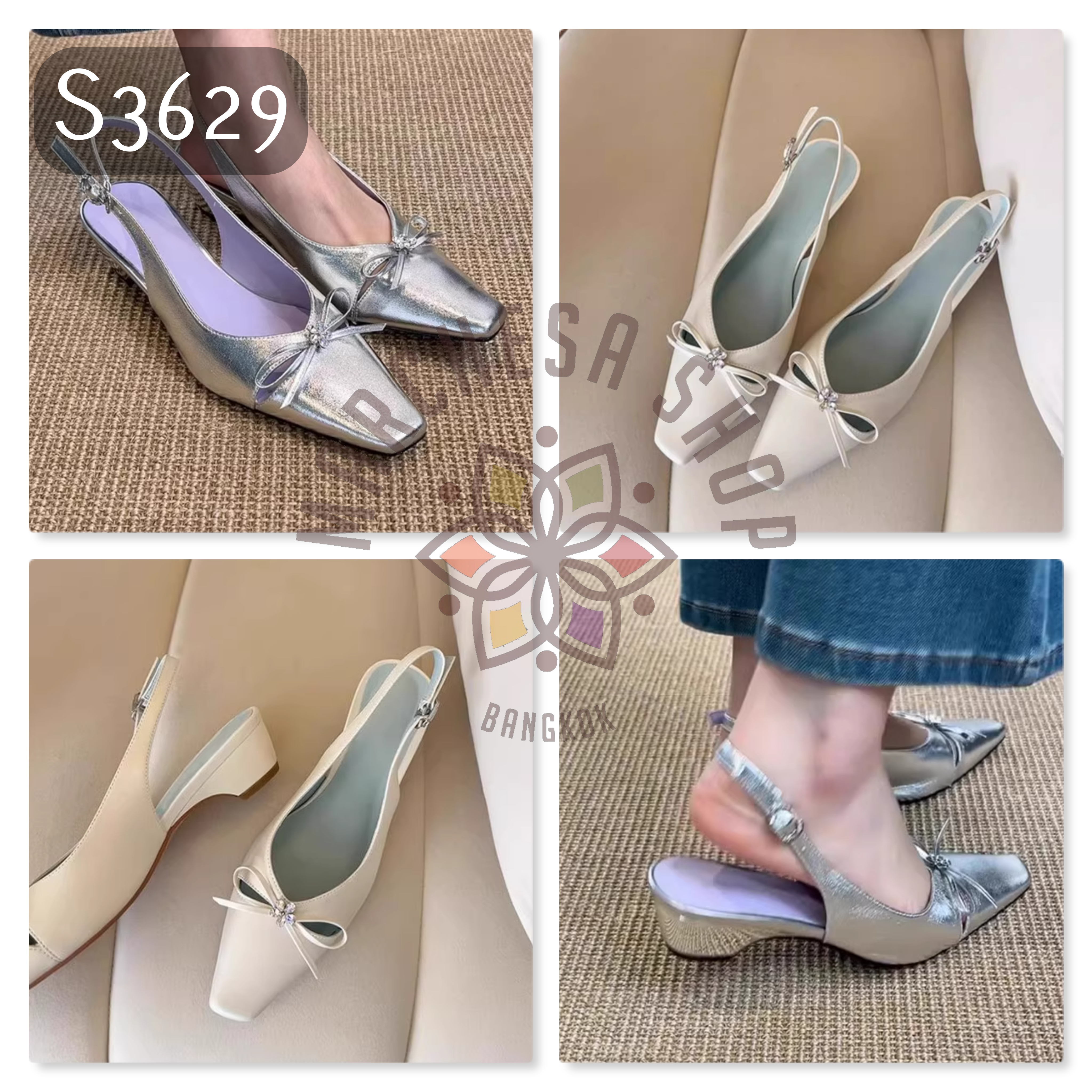 S3629 - 羊皮中空蝴蝶結包頭方頭低踭涼鞋