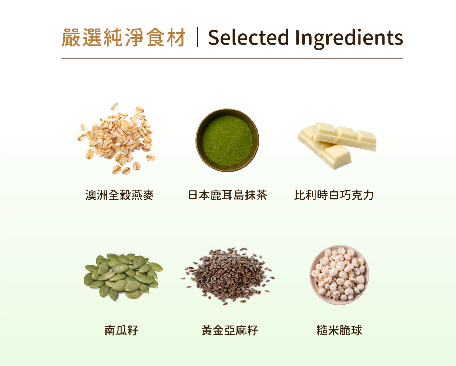 嚴選澳洲全穀燕麥、鹿耳島抹茶粉、比利時白巧克力及美味堅果