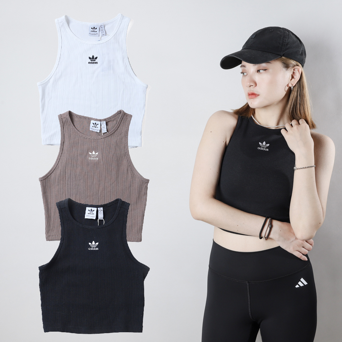 女款 ADIDAS ESSENTIALS RIB TANK 黑 白 咖 三葉草 刺繡 羅紋 短版 運動 背心【IJ8251/JC9009/JC9007】
