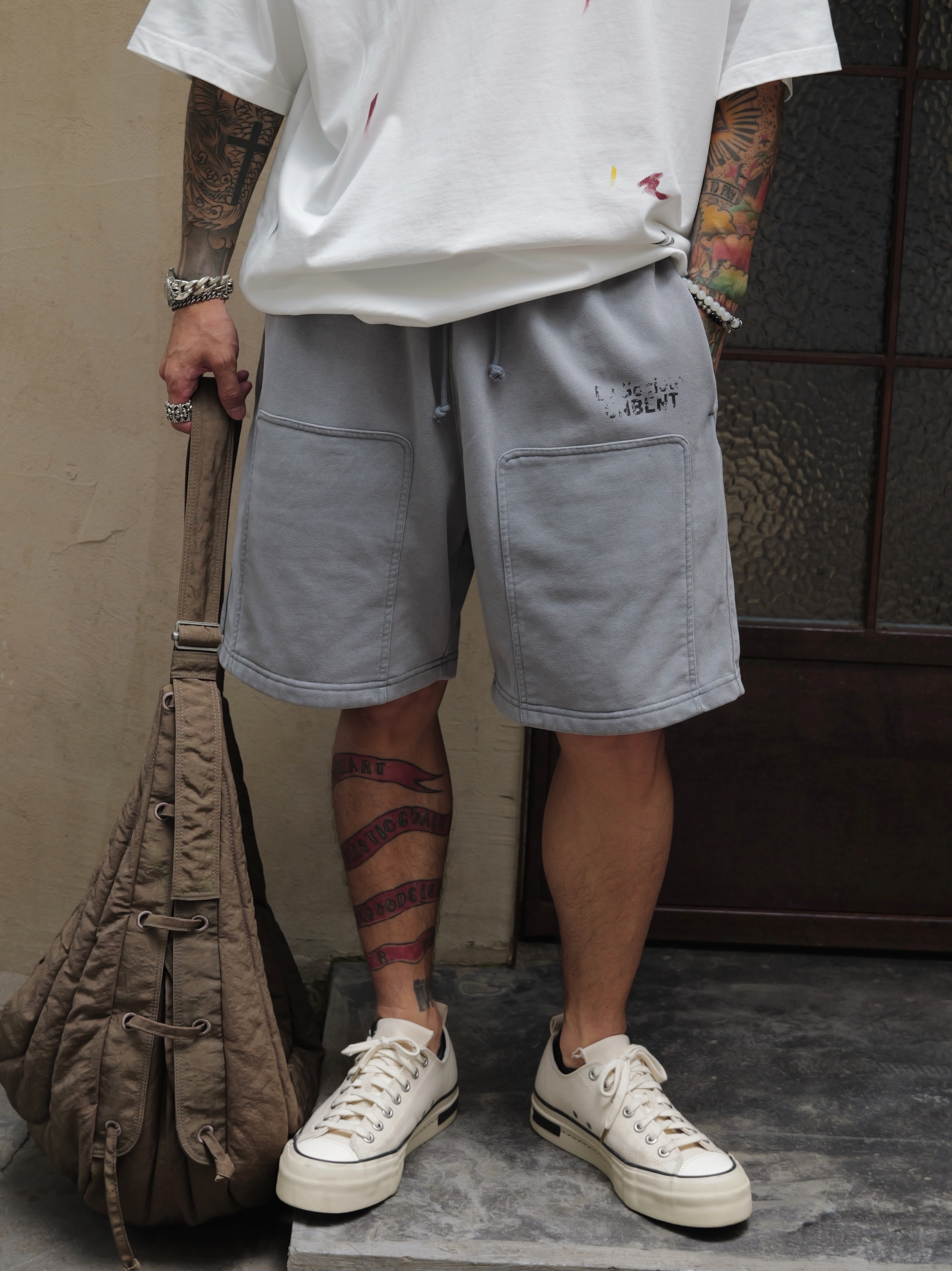 #預購 UNBENT 25SS 復古蠟染水洗 做舊印花 貼布 抽繩 五分短褲 兩色