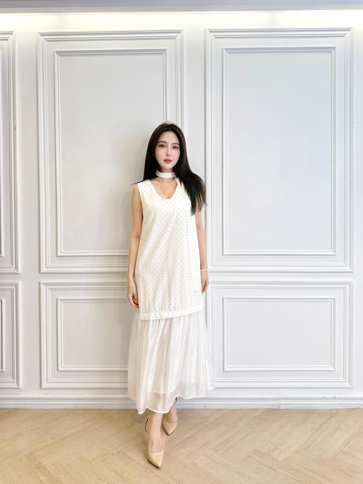 點點V領綁帶透紗長洋