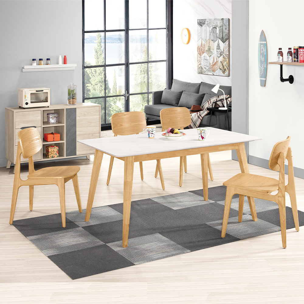 麥凱4.7尺白色岩板實木餐桌+桑卡實木餐椅組合(一桌四椅)