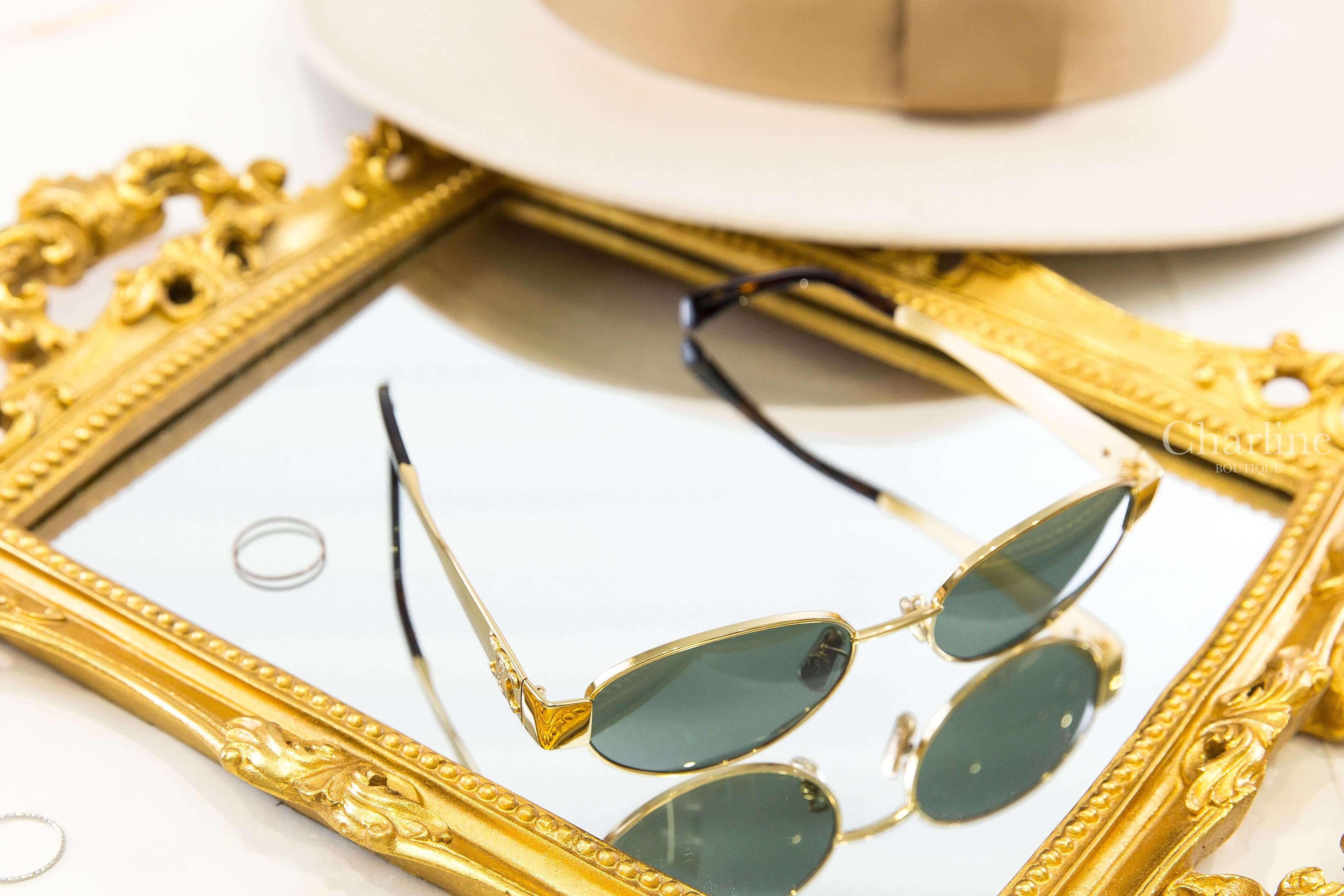 Celine Triomphe Metal 01 Sunglasses In Metal 金色金屬橢圓框側邊立體凱旋門琥珀鏡腳綠色鏡片太陽眼鏡附棕褐色肩背包兩件組-Charline Boutique 精品代購