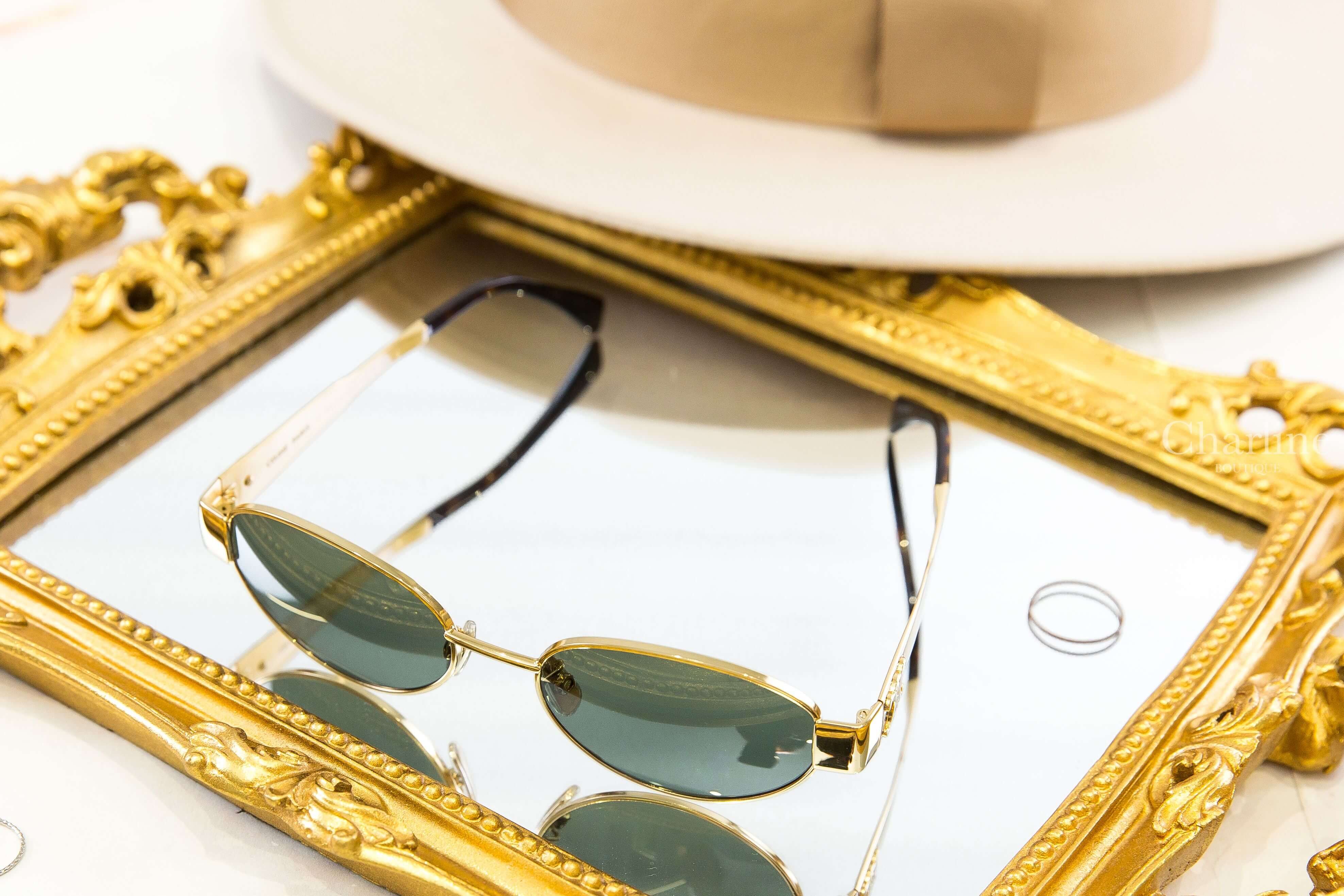 Celine Triomphe Metal 01 Sunglasses In Metal 金色金屬橢圓框側邊立體凱旋門琥珀鏡腳綠色鏡片太陽眼鏡附棕褐色肩背包兩件組-Charline Boutique 精品代購