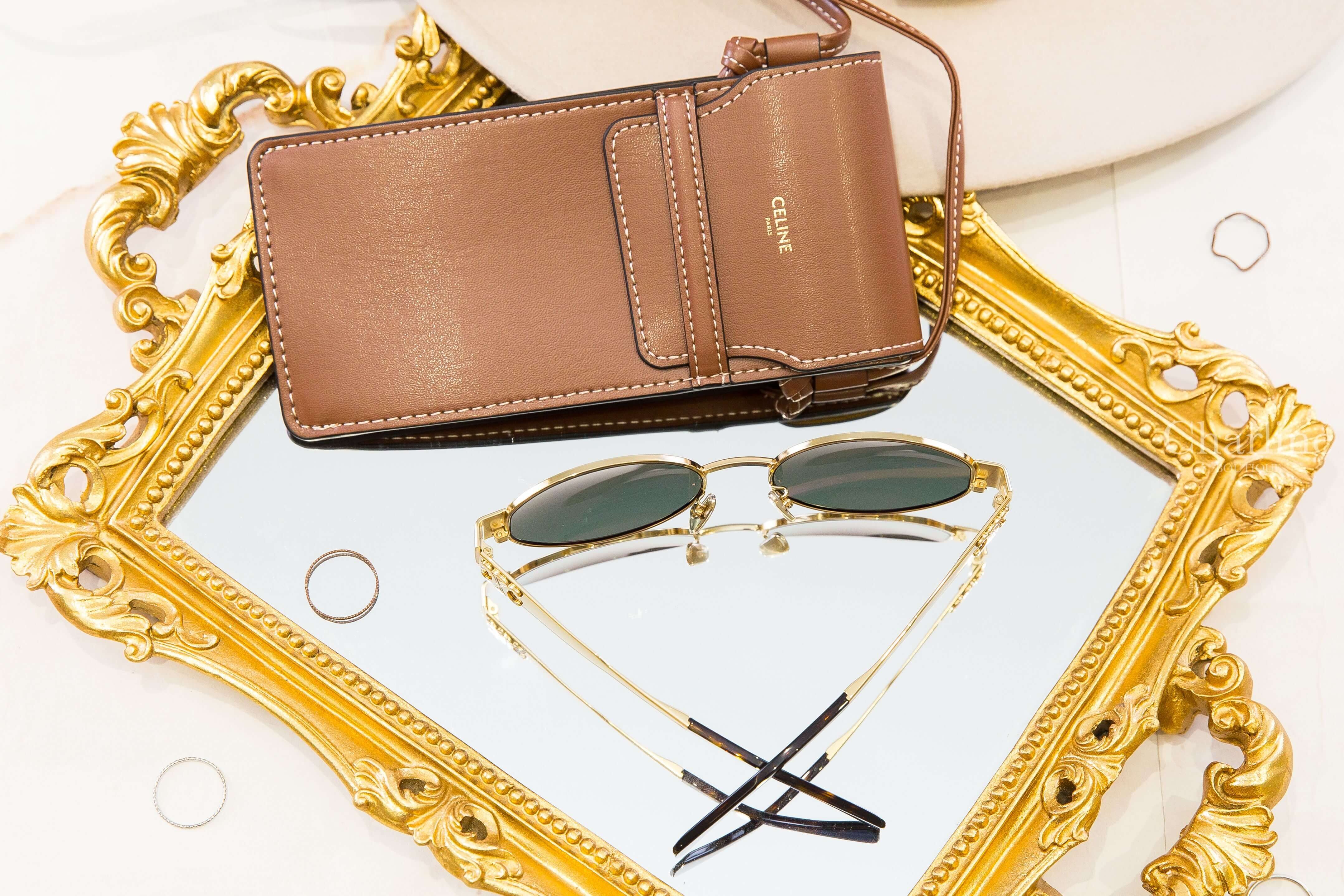 Celine Triomphe Metal 01 Sunglasses In Metal 金色金屬橢圓框側邊立體凱旋門琥珀鏡腳綠色鏡片太陽眼鏡附棕褐色肩背包兩件組-Charline Boutique 精品代購